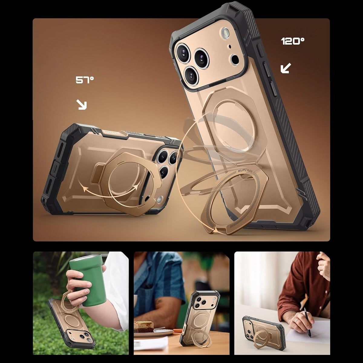 Handyhülle + Glas 9H für iPhone 17 Pro Max, Supcase UB Grip Pro Mag SPG (CC) mit MagSafe, Grau-Golden