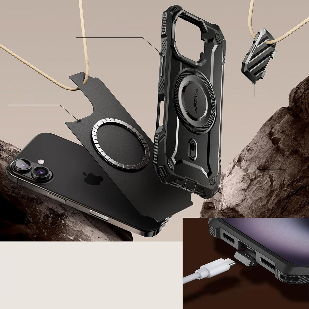 Handyhülle für iPhone 16, Supcase UB Mag XT mit MagSafe, Schwarz