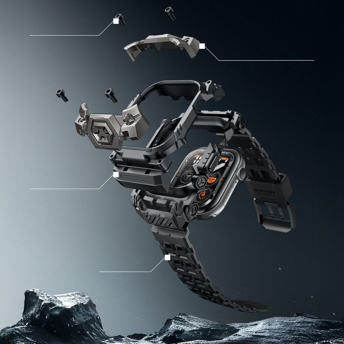 Schutzhülle mit Armband für Apple Watch 11 / 10 46mm, Supcase UB Ore, Schwarz-Grau