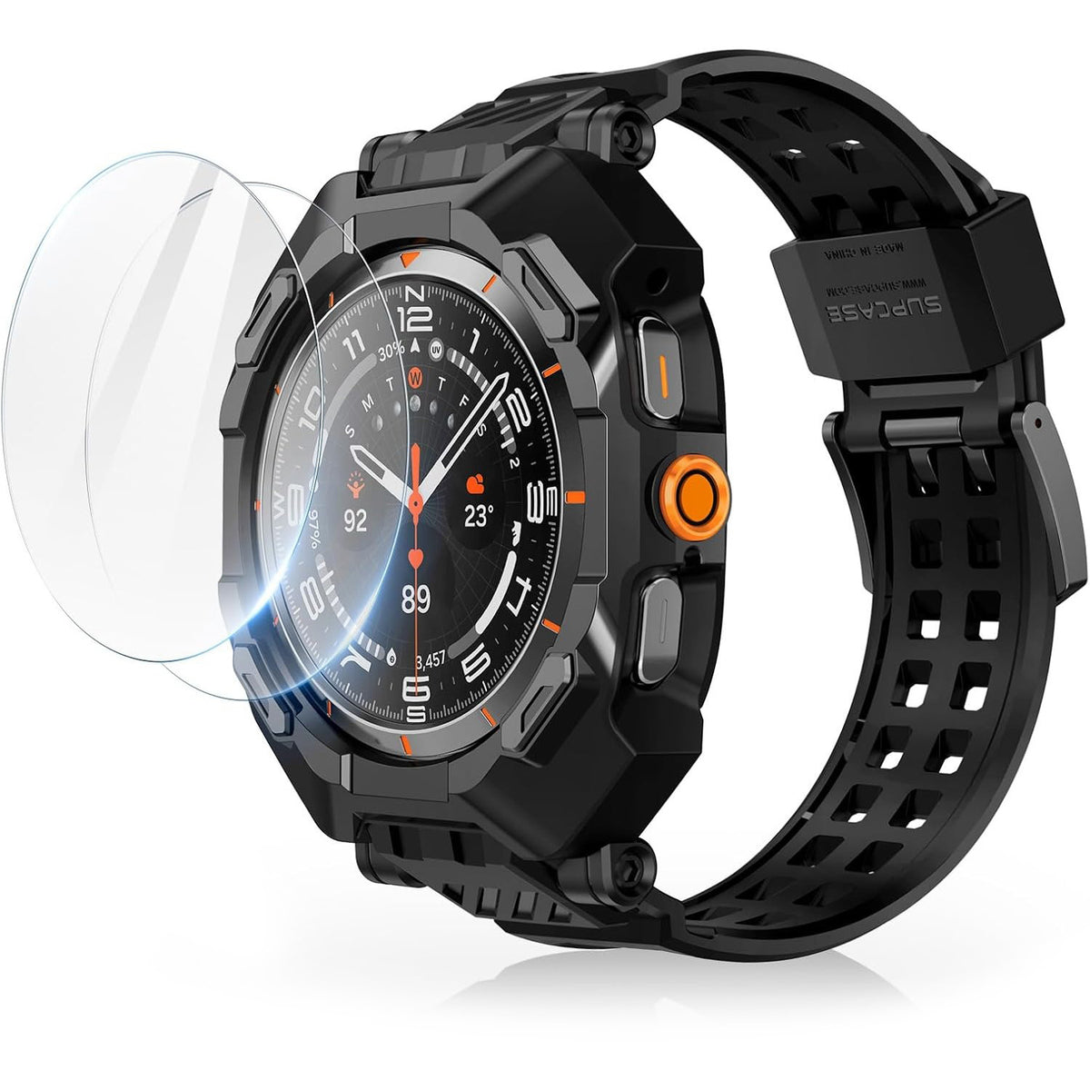 Schutzhülle mit Armband für Galaxy Watch Ultra 2 / 1, Supcase UB Pro + 2x Gehärtetes Glas, Schwarz