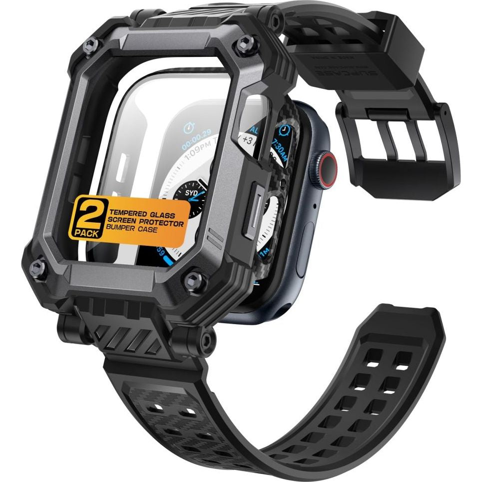 Schutzhülle mit Armband + 2x Glas Supcase UB Pro für Apple Watch 45/44 mm, Schwarz