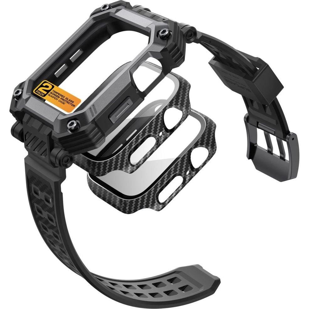 Schutzhülle mit Armband + 2x Glas Supcase UB Pro für Apple Watch 45/44 mm, Schwarz