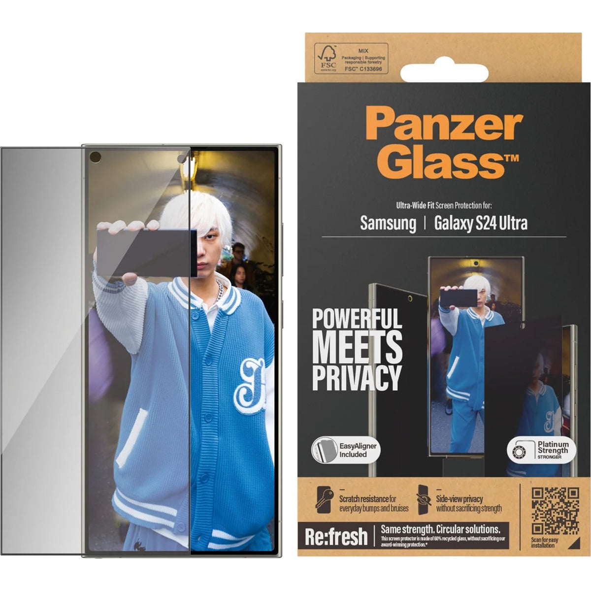 Gehärtetes Glas für Galaxy S24 Ultra für das gesamte Display PanzerGlass Ultra-Wide Fit Privacy + EasyAligner, Getönte mit schwarzer Rahmen