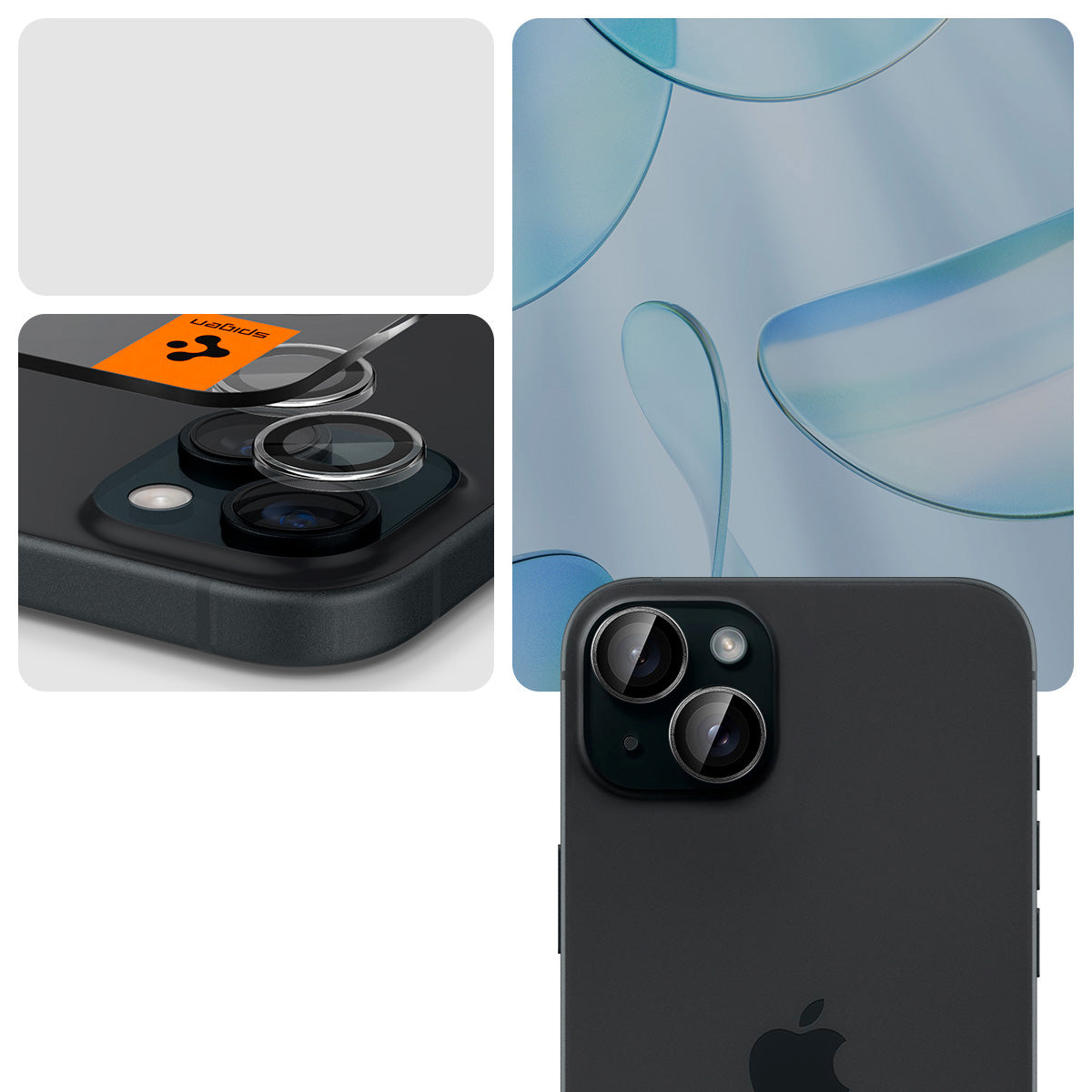 Glas für iPhone 15/15 Plus/14/14 Plus, für die Kamera, Spigen Glas.tR Ez Fit Optik Pro 2-Pack, Schwarz-Transparent