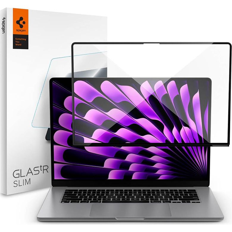 Gehärtetes Glas Spigen Glas.tR Slim für MacBook Air 15.3" M5 / M4 / M3 / M2, schwarzer Rahmen