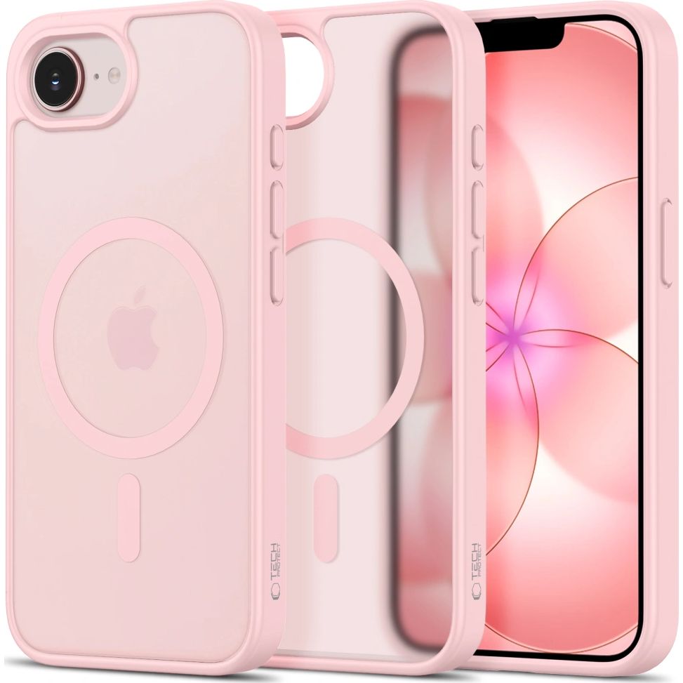 Handyhülle für iPhone 17e / 16e, Tech-Protect BasicMag mit MagSafe, mattes Rauchfarben mit rosa Rahmen