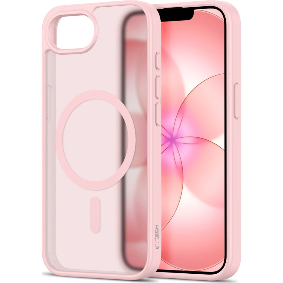Handyhülle für iPhone 17e / 16e, Tech-Protect BasicMag mit MagSafe, mattes Rauchfarben mit rosa Rahmen