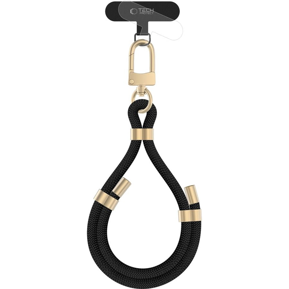 Umhängeband für Ihr Handy, Tech-Protect C4S Rope Wrist Strap, Schwarz mit Goldenen Elementen
