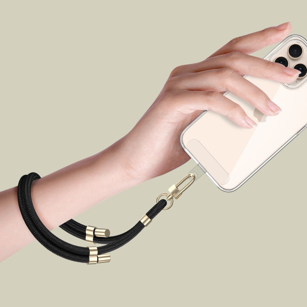 Umhängeband für Ihr Handy, Tech-Protect C4S Rope Wrist Strap, Schwarz mit Goldenen Elementen