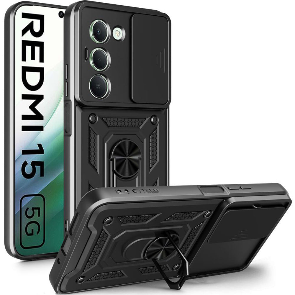 Handyhülle mit Ring für Xiaomi Redmi 15 4G / 5G, Tech-Protect Camshield Pro, Schwarz