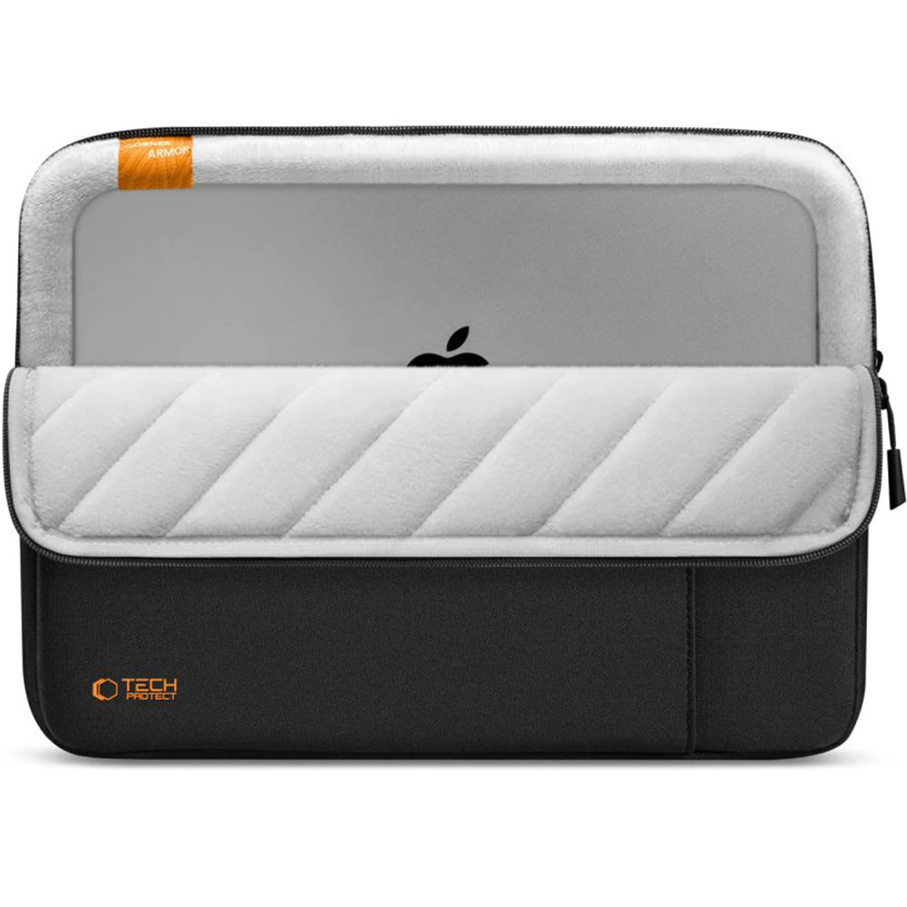 Schwarze Tech-Protect Defender Laptoptasche für 13-14 Zoll Laptops mit grauem Innenfutter und sicherem Reißverschluss.