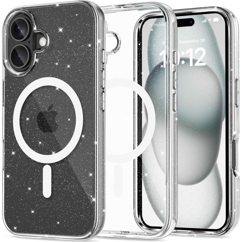 Handyhülle für iPhone 16, Tech-Protect Flexair Hybrid mit MagSafe, Transparent mit Glitzer