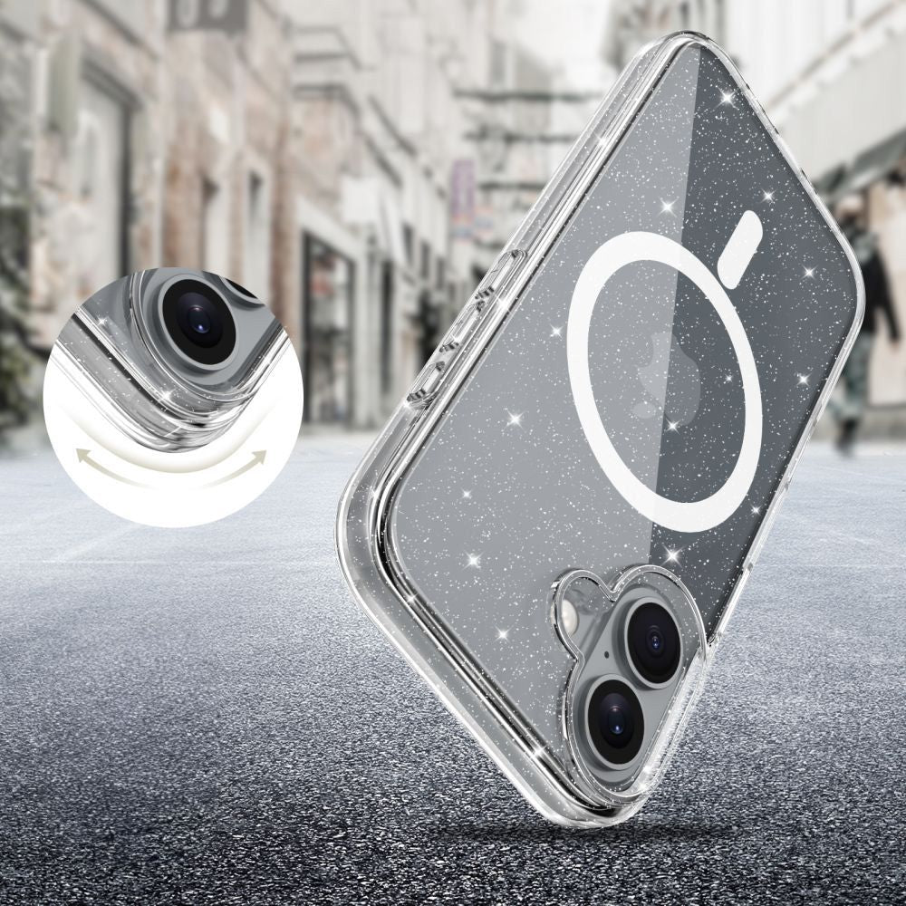 Handyhülle für iPhone 16, Tech-Protect Flexair Hybrid mit MagSafe, Transparent mit Glitzer