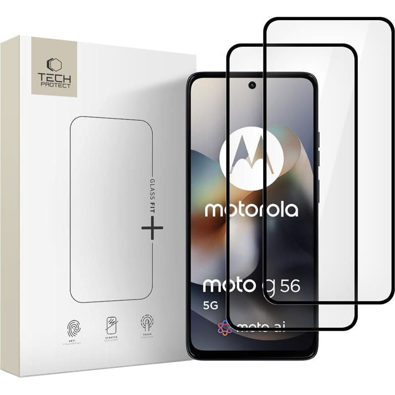 Gehärtetes Glas für Motorola Moto G56 5G, Tech-Protect Glass Fit Plus, 2 Stück, Schwarzer Rahmen