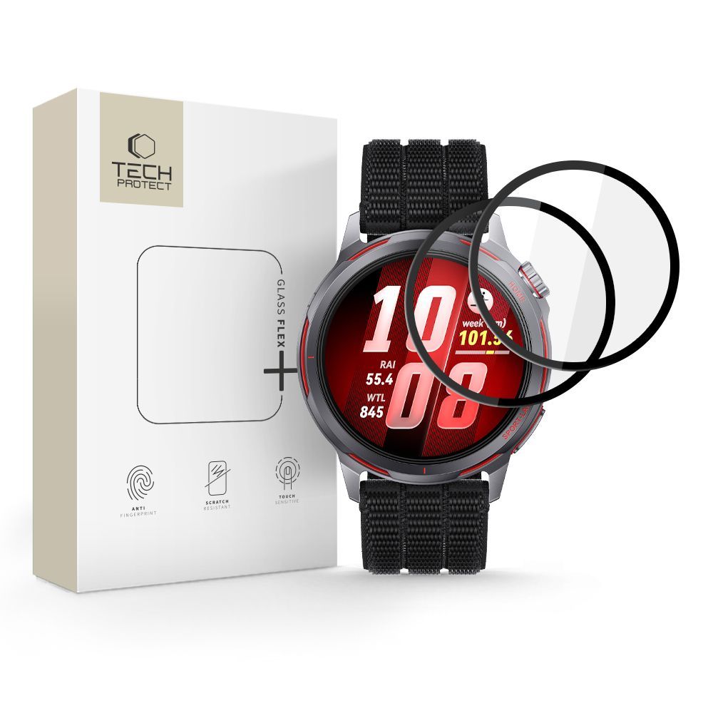 Hybridglas für Huawei GT Watch Runner 2, 2 Stück, Tech-Protect Glass Flex Plus, Transparent mit Schwarzem Rand