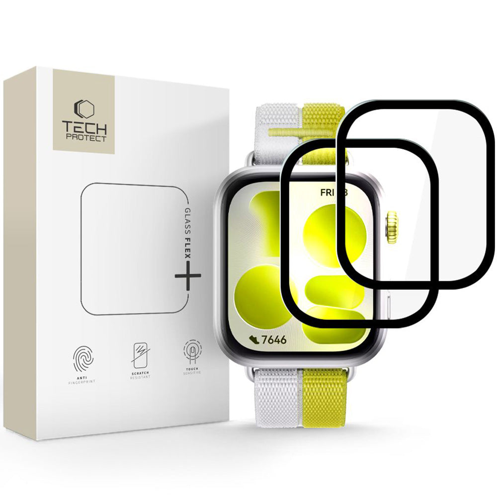Hybridglas für Huawei Watch Fit 5, 2 Stück, Tech-Protect Glass Flex Plus, Transparent mit Schwarzem Rahmen