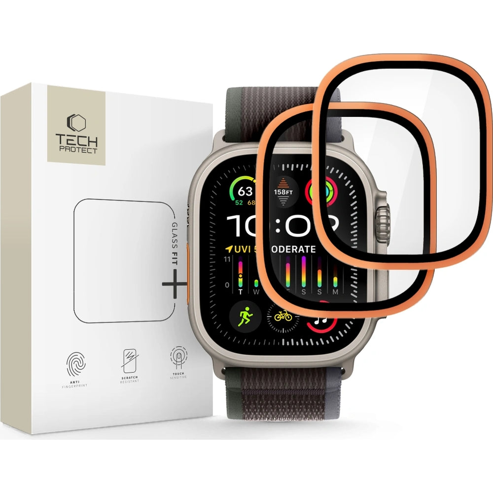 Gehärtetes Glas für Apple Watch Ultra 4/3/2/1 49 mm, 2 Stück, Tech-Protect Glass Ring, Schwarz / Orange