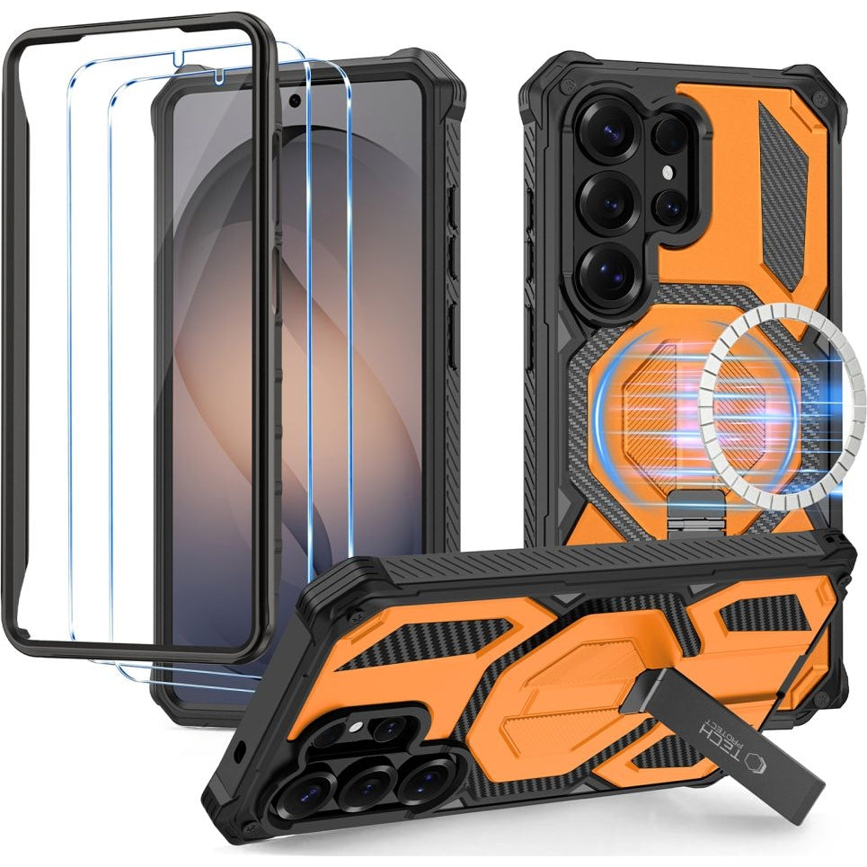 Handyhülle für Galaxy S26 Ultra, Tech-Protect MagBlast, mit MagSafe, 2x Gehärtetes Glas, Schwarz-Orange