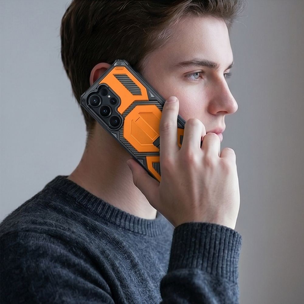 Handyhülle für Galaxy S26 Ultra, Tech-Protect MagBlast, mit MagSafe, 2x Gehärtetes Glas, Schwarz-Orange