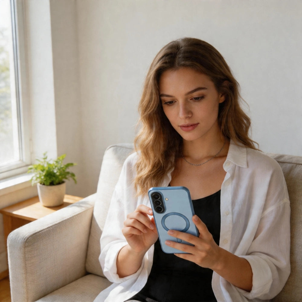 Handyhülle mit Kameraabdeckung für Galaxy A57 5G, Tech-Protect MagFlex für MagSafe, Transparent und Blau