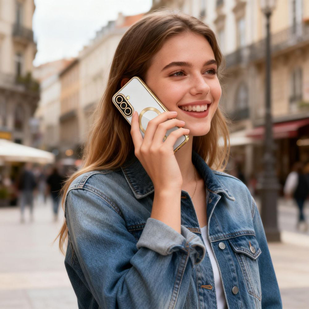 Handyhülle mit Kameraabdeckung für Galaxy A57 5G, Tech-Protect MagFlex für MagSafe, Transparent und Gold
