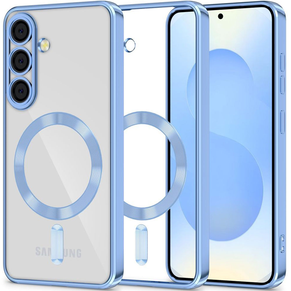 Handyhülle mit Kameraabdeckung für Galaxy S25, Tech-Protect MagFlex für MagSafe, Transparent und Blau