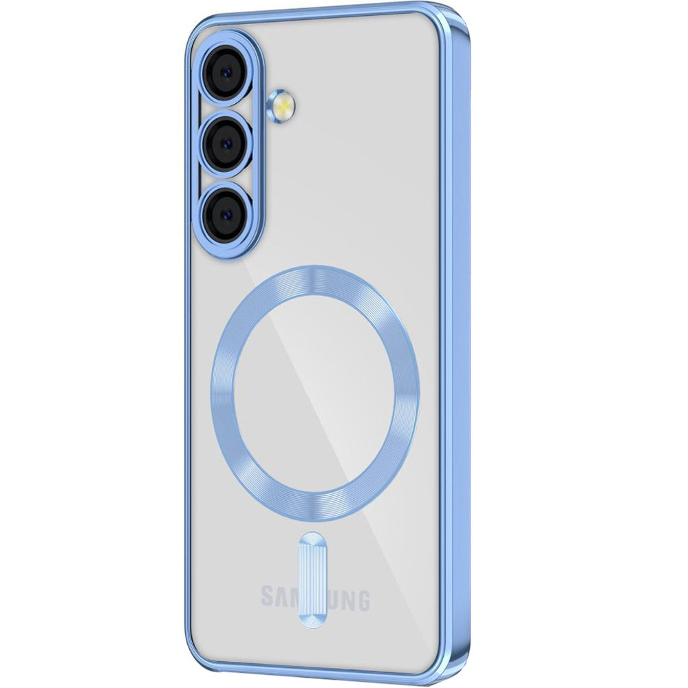 Handyhülle mit Kameraabdeckung für Galaxy S25, Tech-Protect MagFlex für MagSafe, Transparent und Blau