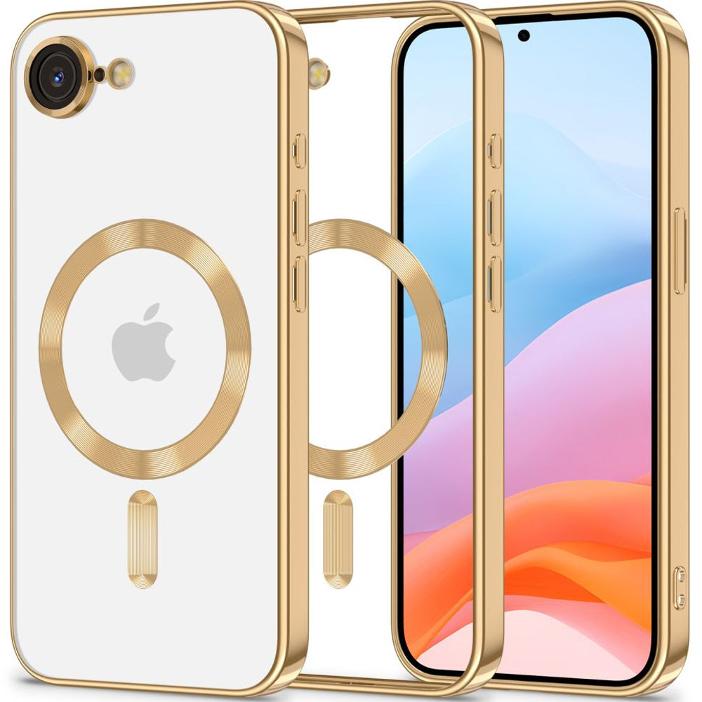 Handyhülle mit Kameraabdeckung für iPhone 17e / 16e, Tech-Protect MagFlex für MagSafe, Transparent und Gold