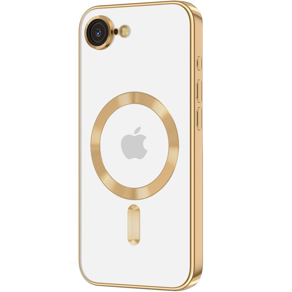 Handyhülle mit Kameraabdeckung für iPhone 17e / 16e, Tech-Protect MagFlex für MagSafe, Transparent und Gold