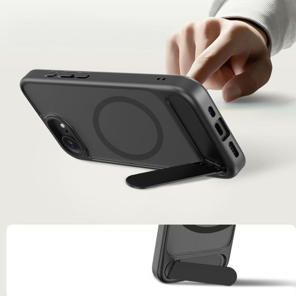 Handyhülle mit Ständer für iPhone 17e / 16e mit MagSafe, Tech-Protect MagRack, Durchscheinend-Schwarz