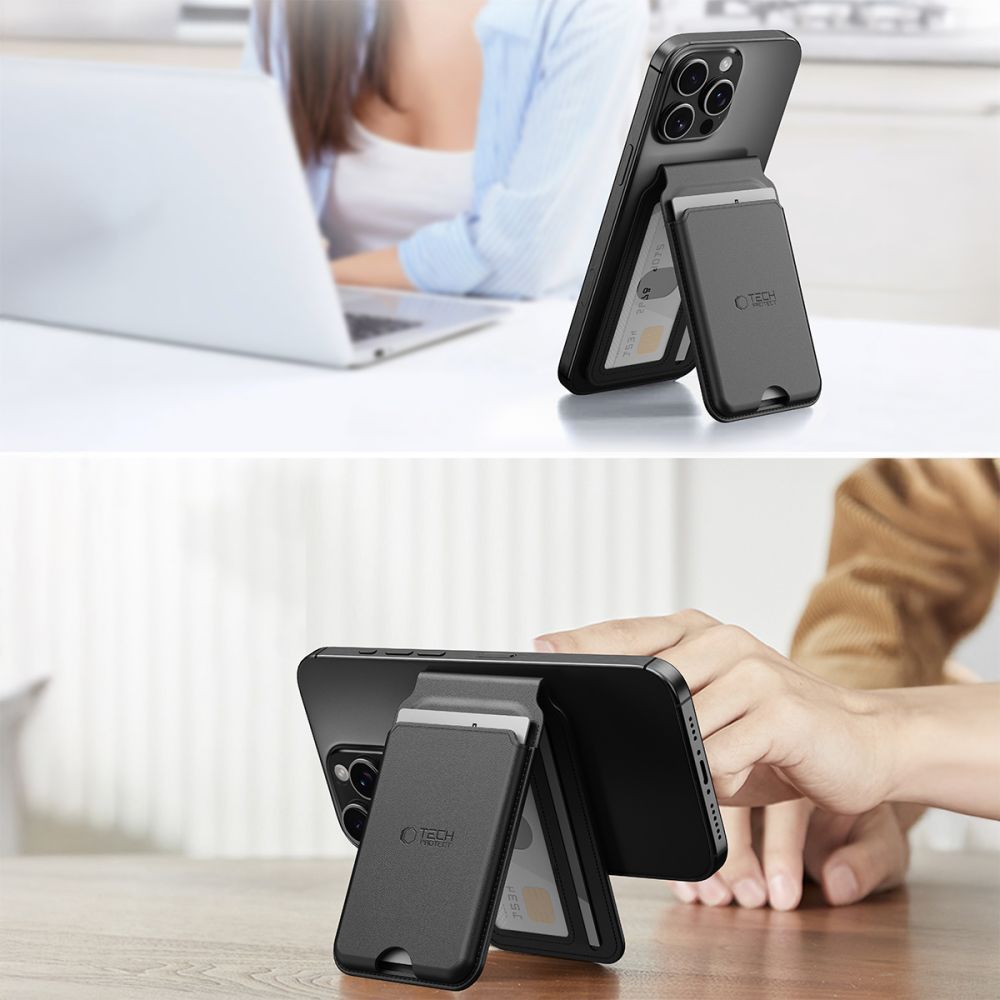 Magnetisches Kartenetui mit Ständer mit MagSafe, Tech-Protect MagWallet Stand, Schwarz