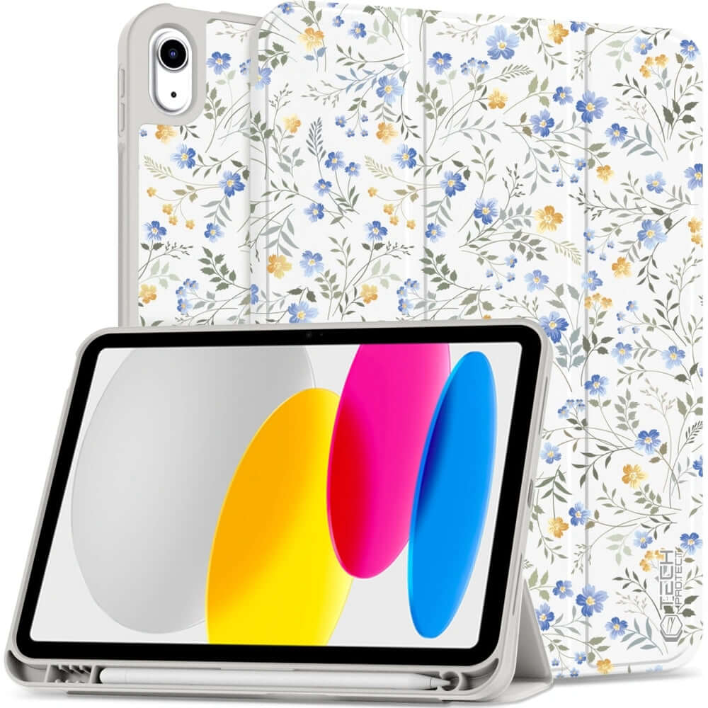 Schutzhülle für iPad 11" (A16) 2025, iPad 10,9" 10 gen. 2022, Tech-Protect SC Pen, Weiß mit floralem Muster