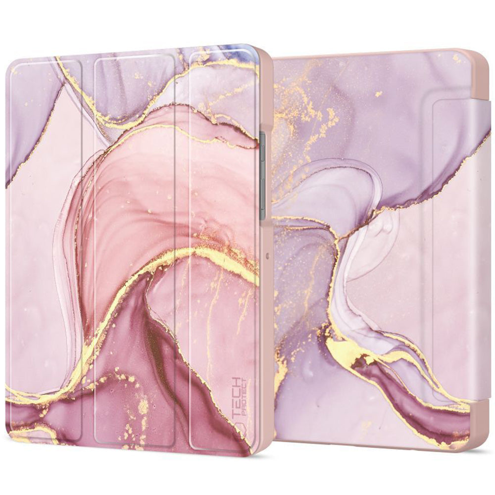 Schutzhülle mit Klappe für Galaxy Tab A11 / Tab A9, Tech-Protect SmartCase, Rosa mit Marmormuster