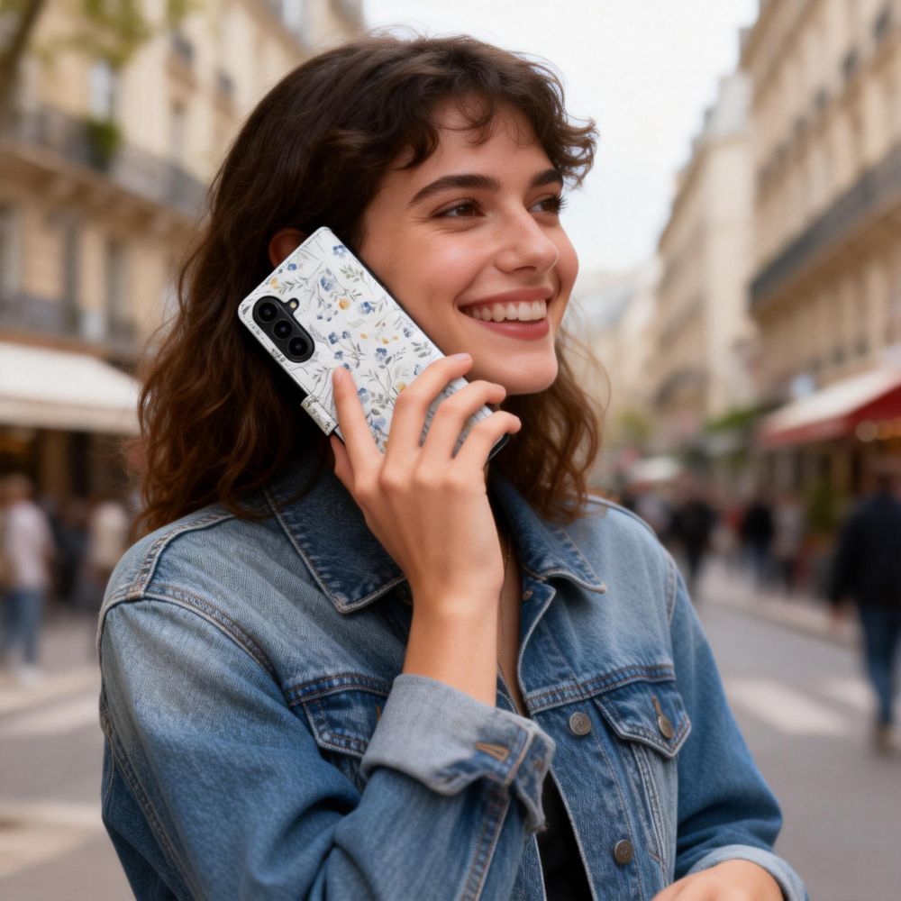 Handyhülle mit Klappe für Galaxy A57 5G, Tech-Protect Wallet, Weiß mit floralem Muster