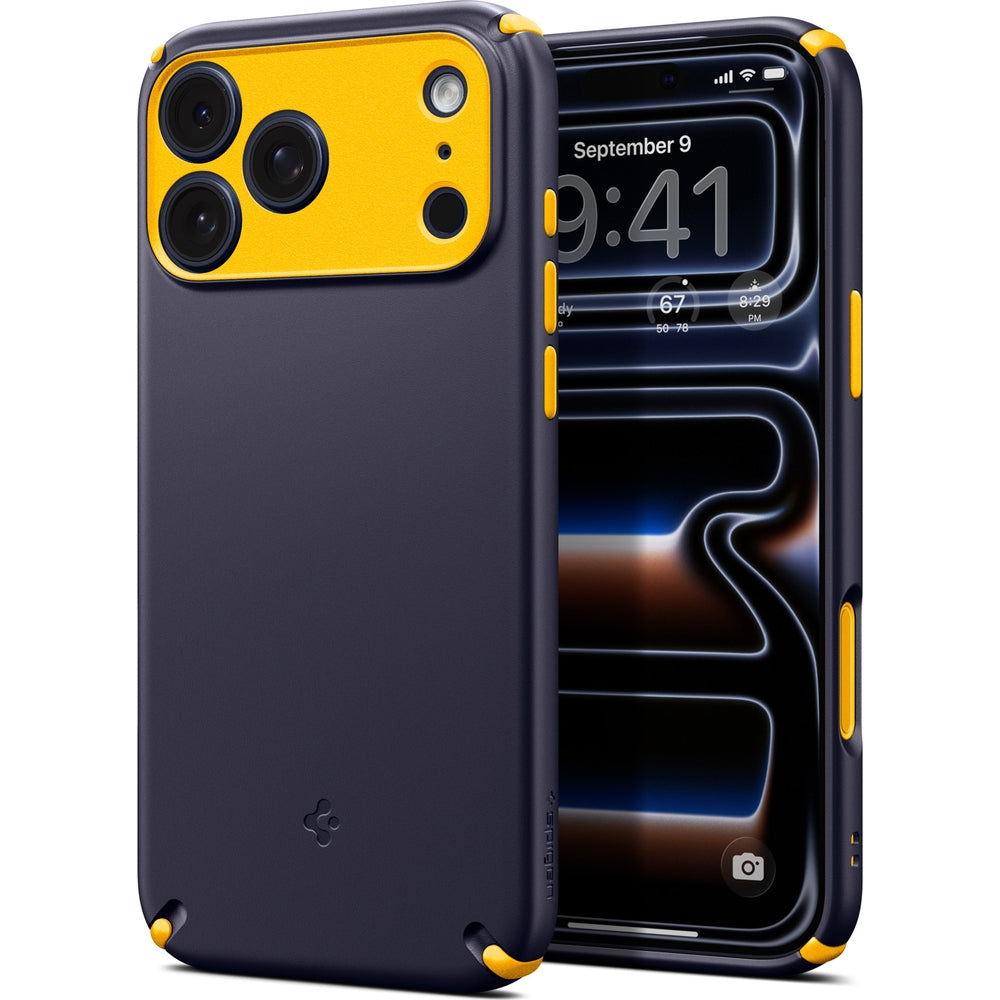 Handyhülle für iPhone 17 Pro Max, Spigen Nano Pop Hybrid Mag mit MagSafe, Dunkelblau-Gelb