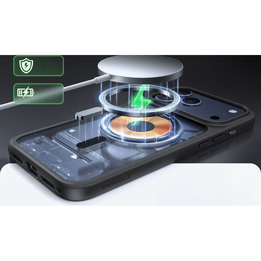 Handyhülle für iPhone 17 Pro, Torras Guardian-Mag mit MagSafe, Durchscheinend mit schwarzen Rahmen