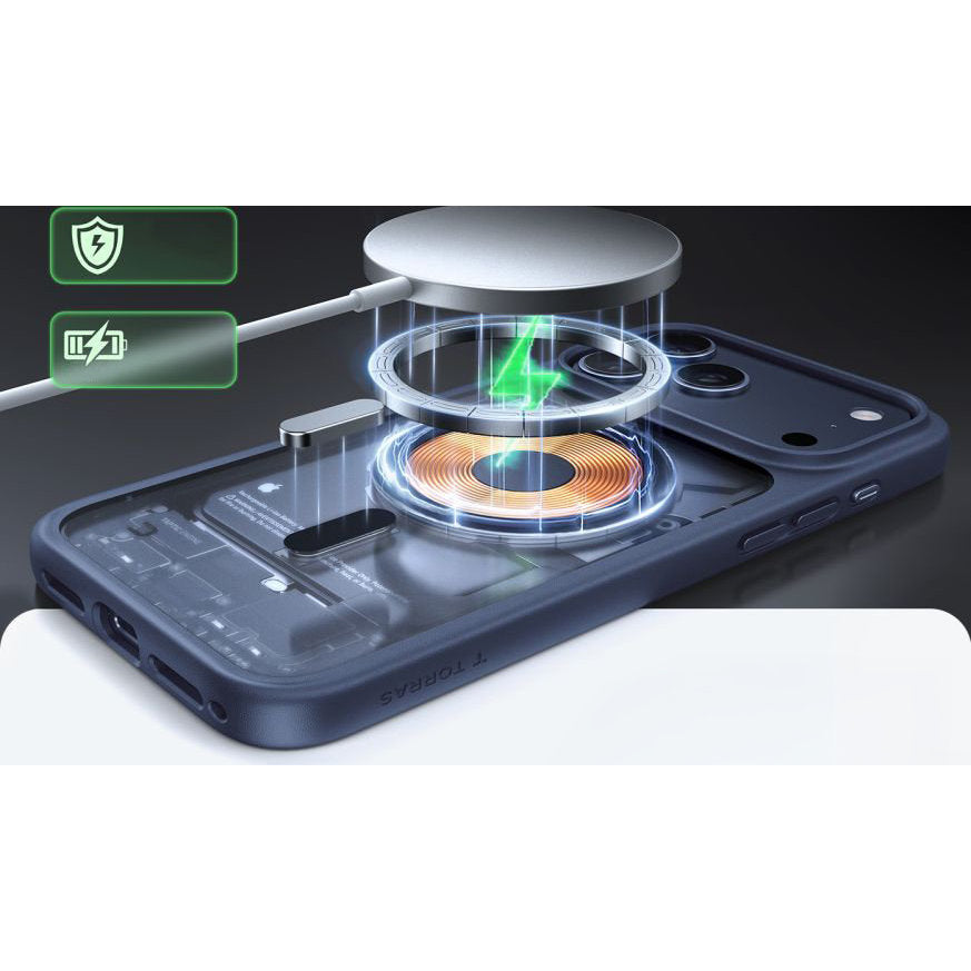Handyhülle für iPhone 17 Pro, Torras Guardian-Mag mit MagSafe, Durchscheinend mit dunkelblauem Rahmen