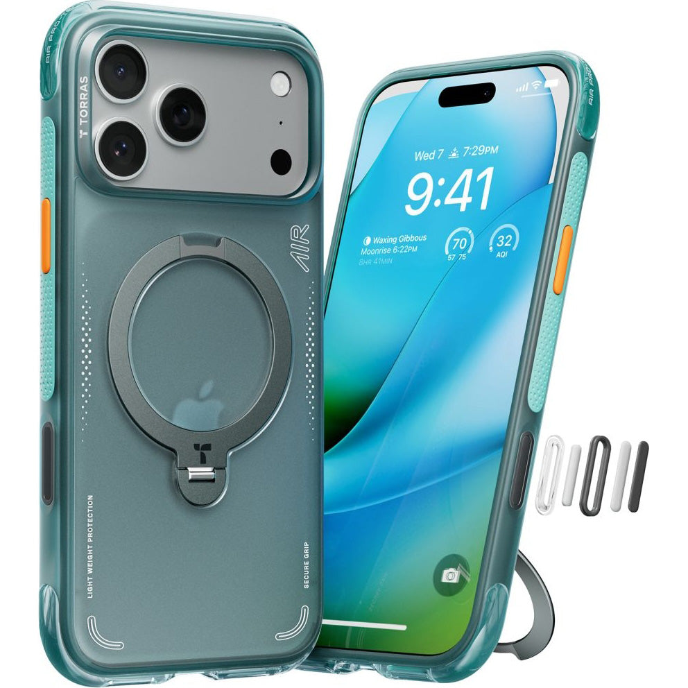 Handyhülle mit 360° drehbarem Standfuß mit MagSafe für iPhone 17 Pro Max, Torras Ostand Q3 Air, Türkis