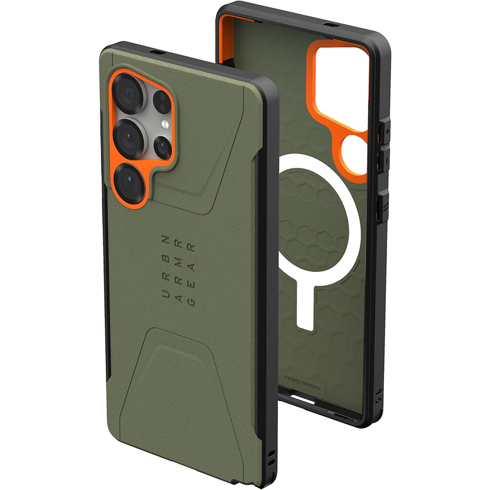 Handyhülle für Galaxy S25 Ultra, Urban Armor Gear Civilian Magnet, Grün mit Orange