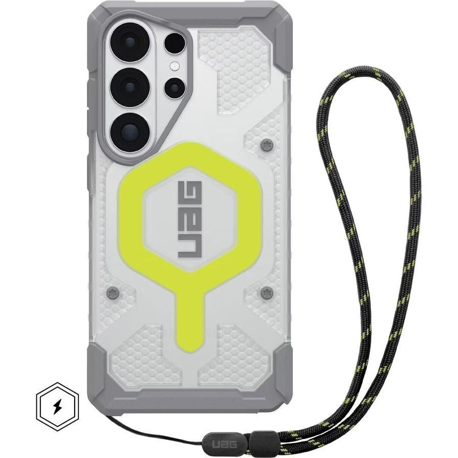 Handyhülle mit Armband für Galaxy S26 Ultra, Urban Armor Gear Pathfinder Clear Mag Bundle mit MagSafe, Transparent und Grau mit grünem Element