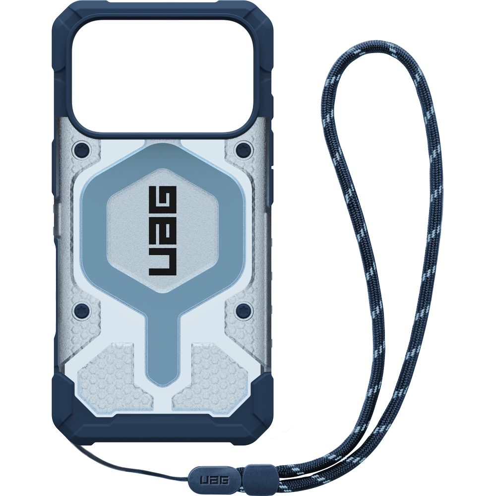 Handyhülle mit Armband für iPhone 18 Pro / 17 Pro, UAG Pathfinder Clear Mag Lanyard mit MagSafe, Durchscheinend-Blau