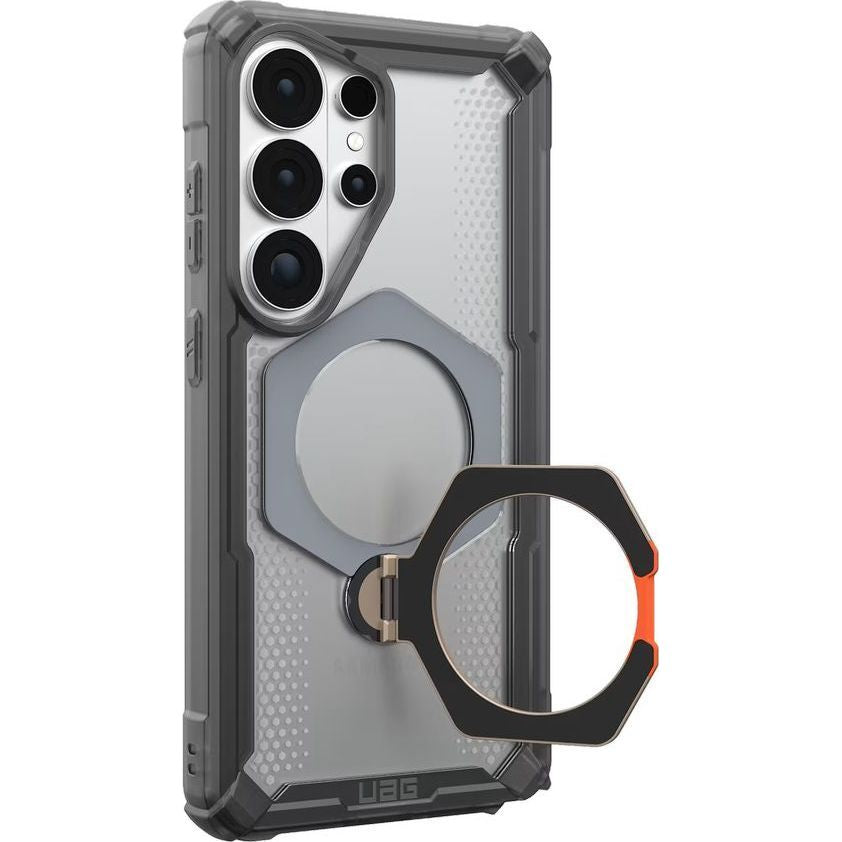 Handyhülle für Galaxy S26 Ultra, Urban Armor Gear Plasma XTE 360 Mag mit MagSafe, Transparent und Grau mit orangem Element
