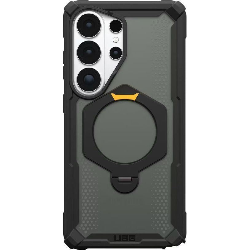 Handyhülle für Galaxy S26 Ultra, Urban Armor Gear Plasma XTE 360 Mag mit MagSafe, Durchscheinend und Schwarz mit gelbem Element