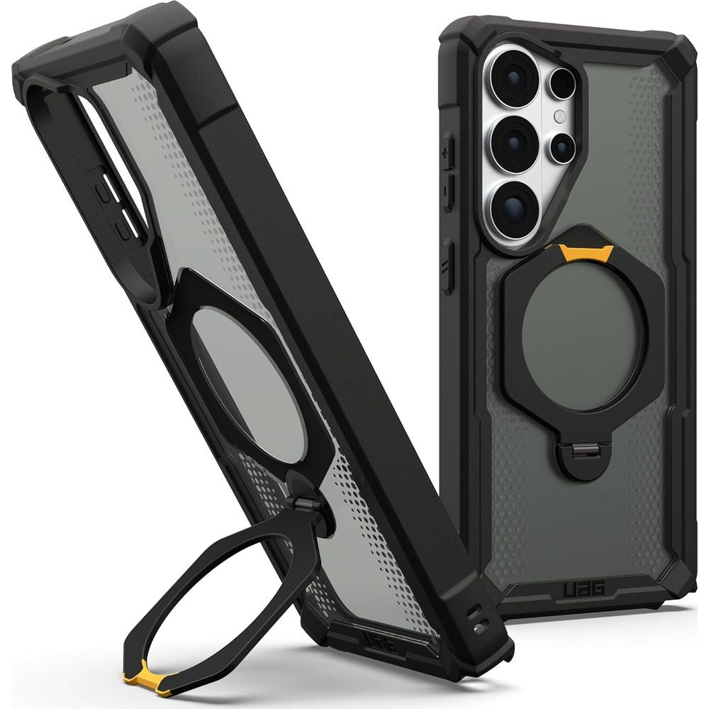 Handyhülle für Galaxy S26 Ultra, Urban Armor Gear Plasma XTE 360 Mag mit MagSafe, Durchscheinend und Schwarz mit gelbem Element