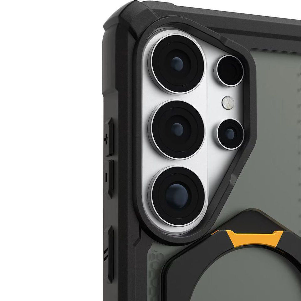 Handyhülle für Galaxy S26 Ultra, Urban Armor Gear Plasma XTE 360 Mag mit MagSafe, Durchscheinend und Schwarz mit gelbem Element