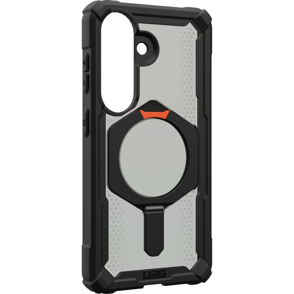 Handyhülle für Galaxy S26, Urban Armor Gear Plasma XTE Mag mit MagSafe, Durchscheinend und schwarz mit orangem Element
