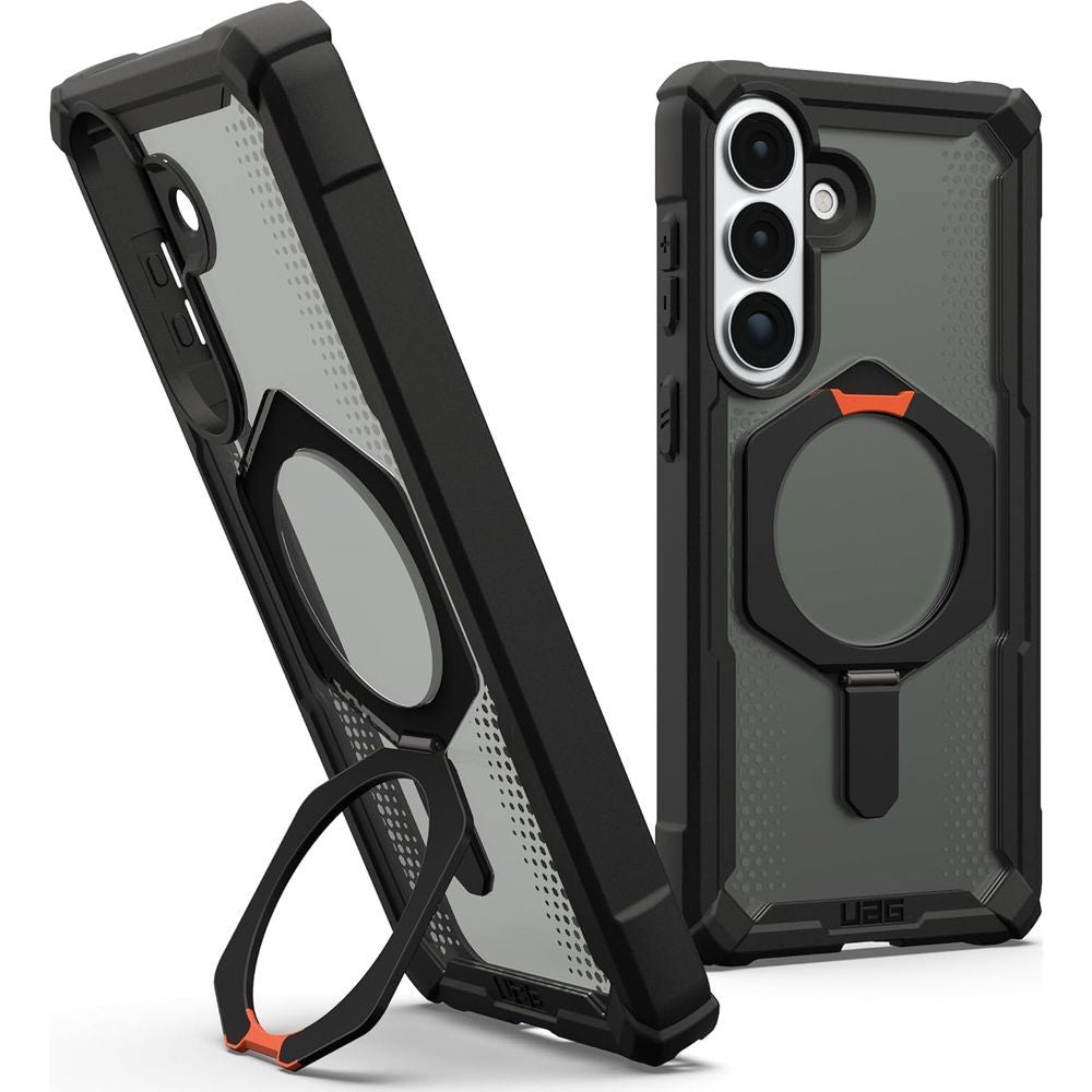 Handyhülle für Galaxy S26 Plus, Urban Armor Gear Plasma XTE Mag mit MagSafe, Durchscheinend und schwarz mit orangem Element