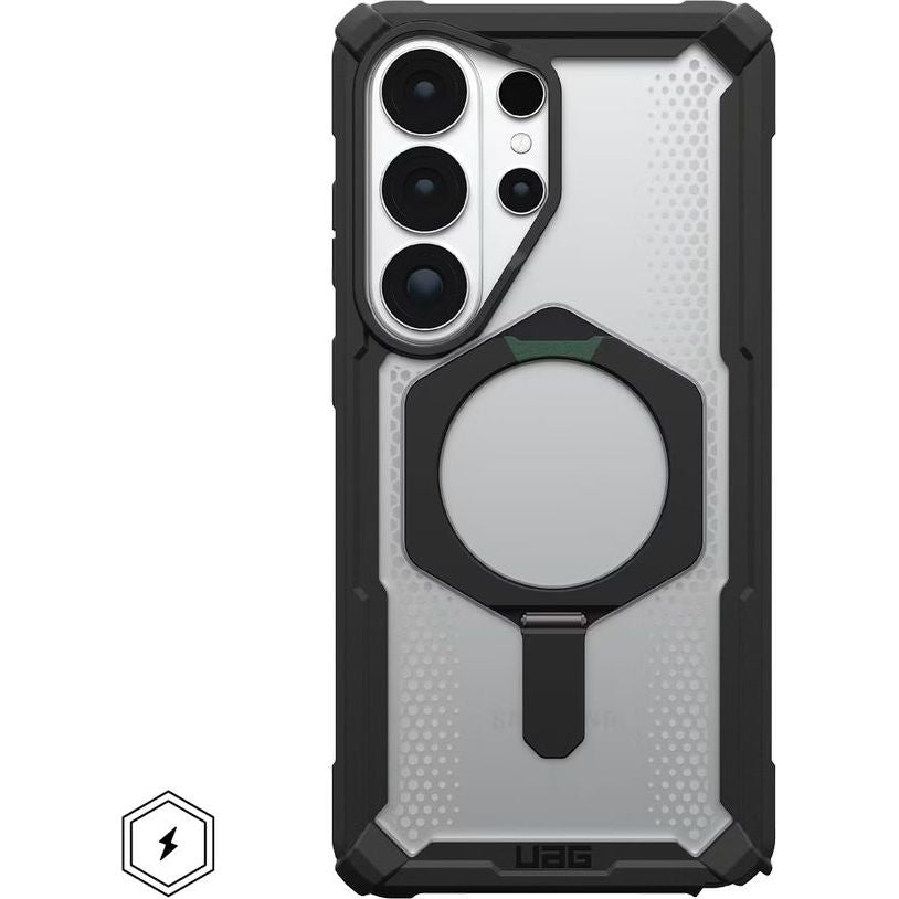 Handyhülle für Galaxy S26 Ultra, Urban Armor Gear Plasma XTE Mag mit MagSafe, Transparent und Schwarz mit grünem Element