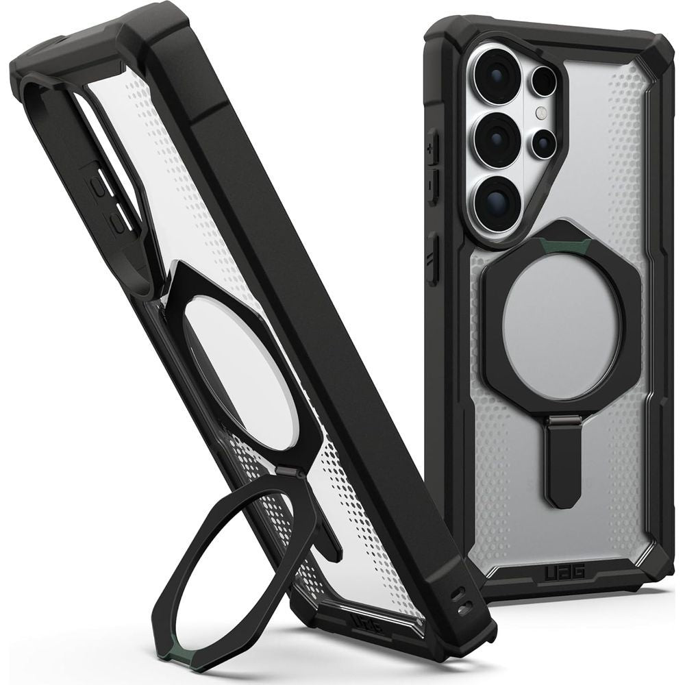 Handyhülle für Galaxy S26 Ultra, Urban Armor Gear Plasma XTE Mag mit MagSafe, Transparent und Schwarz mit grünem Element