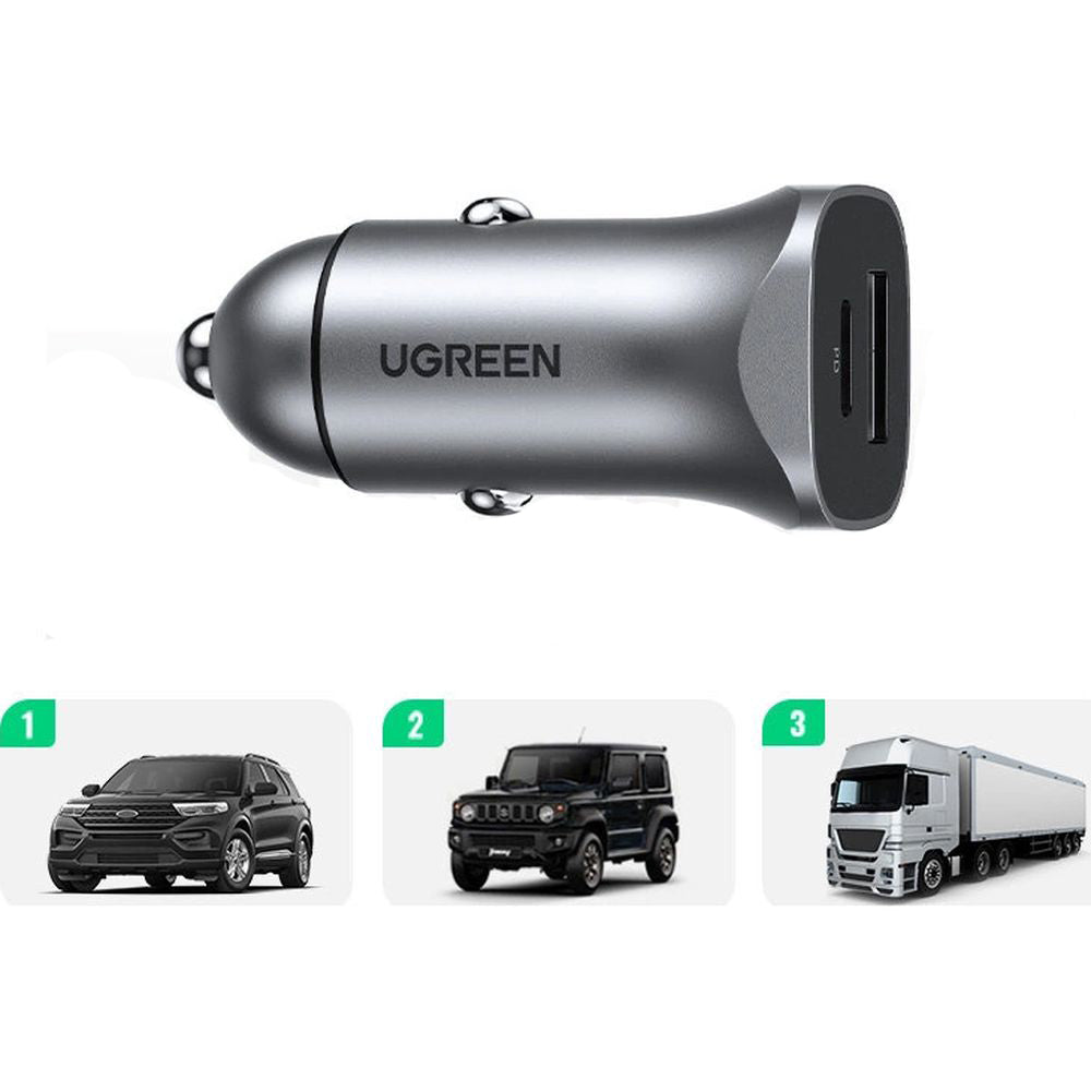 Ugreen CD130 24W Autoladegerät, USB-C, USB-A, PD, Grau
